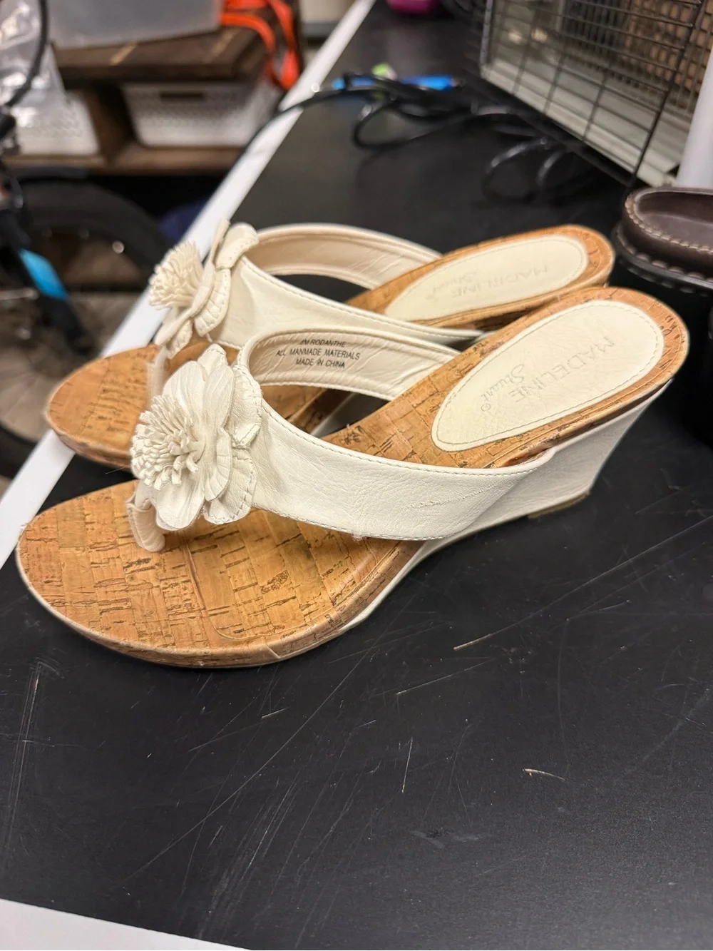 Madeline Stuart Cream Floral Cork Thong Wedge Sandals
